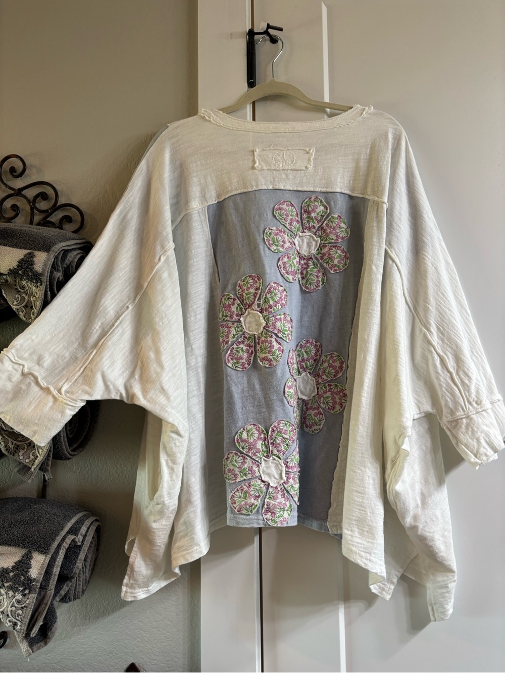 Boho Cream Floral Appliqué Oversized Blouse